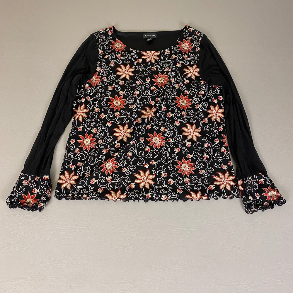 August Max Blouse Top Women's Size 4 Floral Red Tan Black Long Sleeve